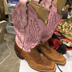 Justin Brown & Pink Women's Leather Cowboy Boots, Size 6 Cowgirl